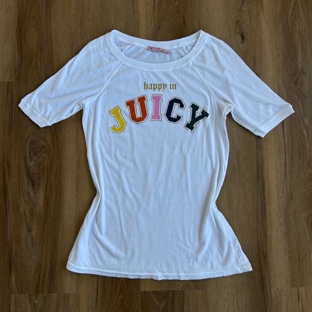 VTG Juicy‎ Couture Happy in Juicy White Graphic Tee Shirt Large y2k